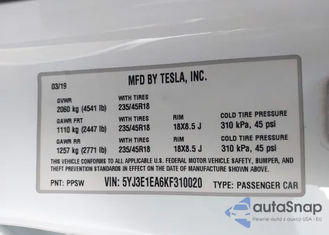 2019 Tesla Model 3 Long Range/Mid Range/Standard Range/Standard Range Plus from USA, damaged, VIN 5YJ3E1EA6KF310020